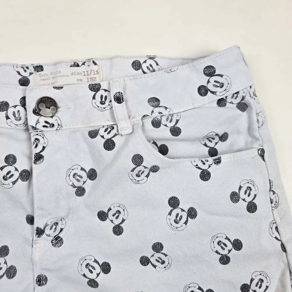 Zara X DISNEY Girls 11-12Y Light Grey Mickey Mouse Denim Jean Shorts